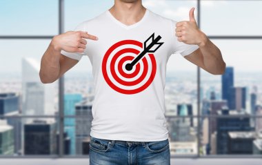 Close-up of a man pointing his finger to the chest with the shooting mark. New York city panoramic office on background.
