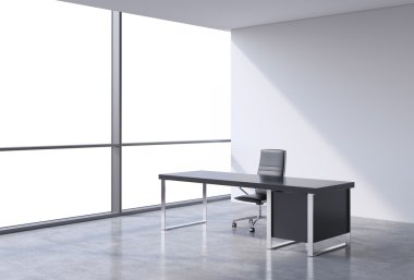 A workplace in a modern panoramic office, copy space view from the windows. A concept of financial consulting services. 3D rendering.