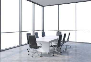 Panoramic conference room in modern office, copy space view from the windows. Black chairs and a white table. 3D rendering.