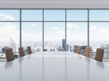 Panoramic conference room in modern office in New York City. Brown leather chairs and a table. 3D rendering.