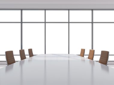 Panoramic conference room in modern office, copy space view from the windows. Brown leather chairs and a table. 3D rendering.
