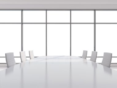 Modern ofis, belgili tanımlık pencere eşiği kopya alanı görünümünden panoramik toplantı odasında. Beyaz deri koltukları ve beyaz bir tablo. 3D render.