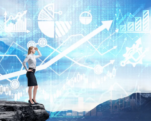 Full length beautiful woman in formal clothes on the rock is looking for the solution. Financial charts on the background. — Stock Photo, Image
