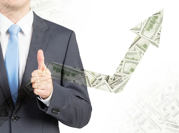 Gros plan de l'homme d'affaires avec le pouce en l'air. Augmentation de la flèche dollar . — Photo