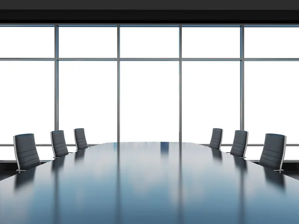 Panoramic conference room in modern office, copy space view from the windows. Black leather chairs and a black table. 3D rendering. — ストック写真