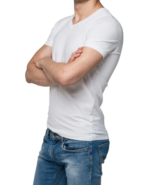 Вид сбоку на человека в белой V-образной футболке со скрещенными руками. изолированные . — стоковое фото