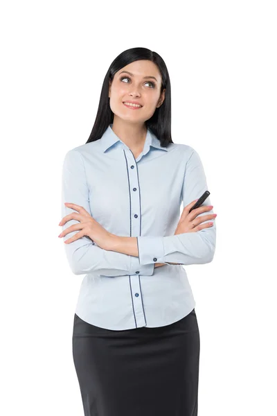 Front view of a thoughtful woman with crossed hands. Isolated on white background. — Stok fotoğraf