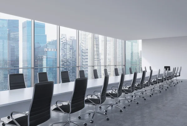 Panoramic conference room in modern office, Singapore view. Black leather chairs and a long white table. 3D rendering. — 图库照片
