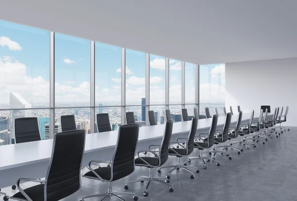 Panoramic conference room in modern office, New York City view. Black leather chairs and a long white table. 3D rendering. — 图库照片