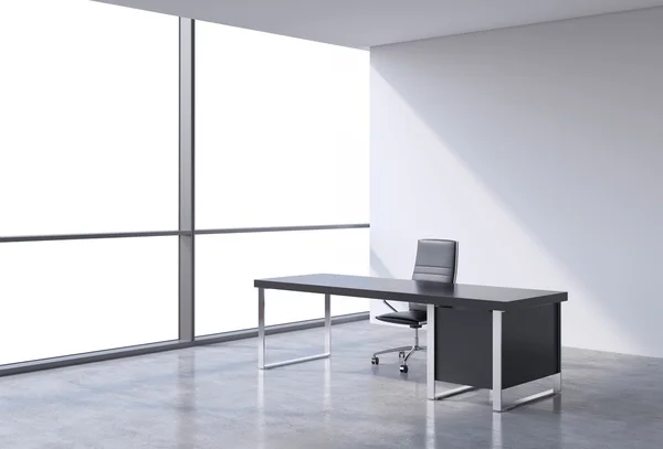 Um local de trabalho em um escritório panorâmico moderno, copie a vista do espaço das janelas. Um conceito de serviços de consultoria financeira. Renderização 3D . — Fotografia de Stock
