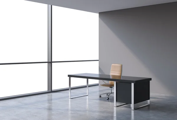 A workplace in a modern panoramic office, copy space view from the windows. A concept of financial consulting services. A brown leather chair and a black table. 3D rendering. — Stock Photo, Image