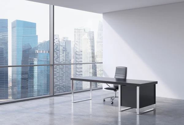 Un lugar de trabajo en una oficina panorámica moderna, Singapur centro de negocios vista desde las ventanas. Concepto de servicios de asesoría financiera. Renderizado 3D . —  Fotos de Stock