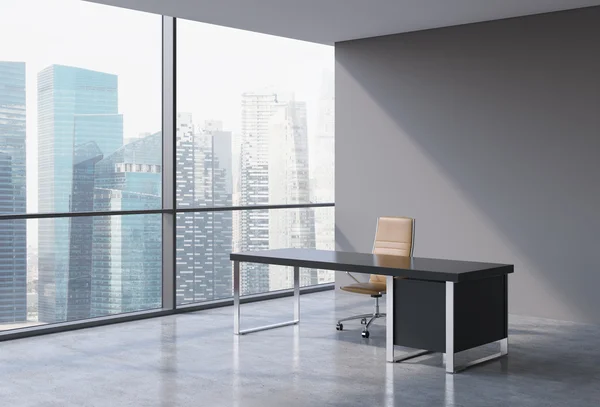 Un lugar de trabajo en una oficina panorámica moderna, vista de la ciudad de Singapur desde las ventanas. Concepto de servicios de asesoría financiera. Una silla de cuero marrón y una mesa negra. Renderizado 3D . —  Fotos de Stock