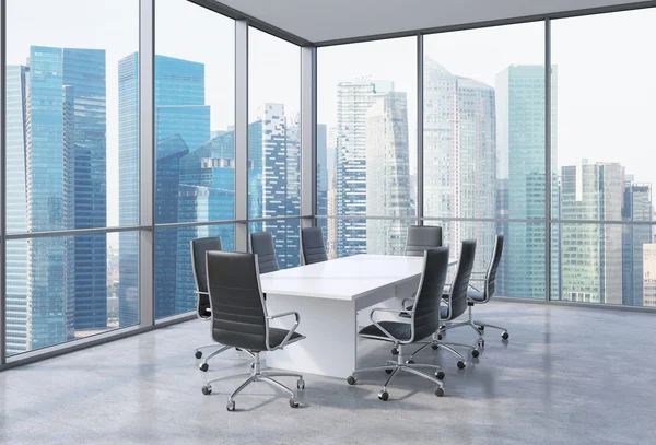 Panoramic conference room in modern office in Singapore. Black chairs and a white table. 3D rendering. — Stockfoto