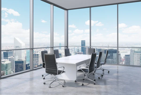 Panoramic conference room in modern office in New York City. Black chairs and a white table. 3D rendering.