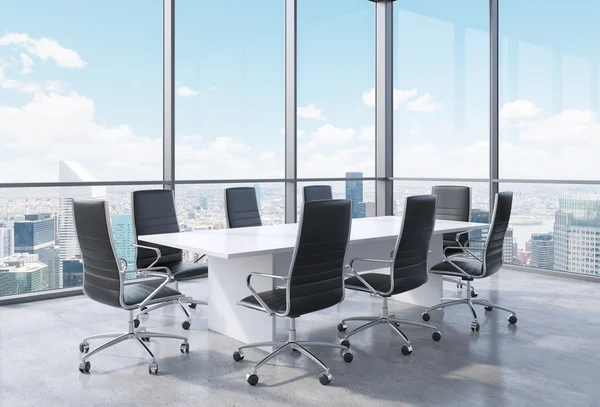 Panoramic conference room in modern office in New York City. Black chairs and a white table. 3D rendering. — Stock Photo, Image