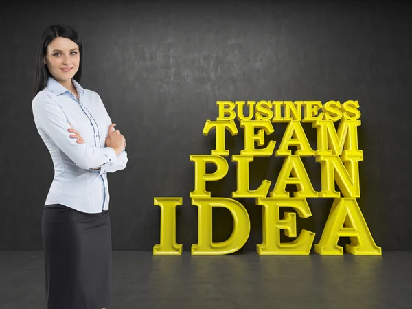 Seitenansicht einer nachdenklichen Frau mit verschränkten Händen. für gelbe Wörter auf dunklem Hintergrund: Idee, Plan, Team, Geschäft. — Stockfoto