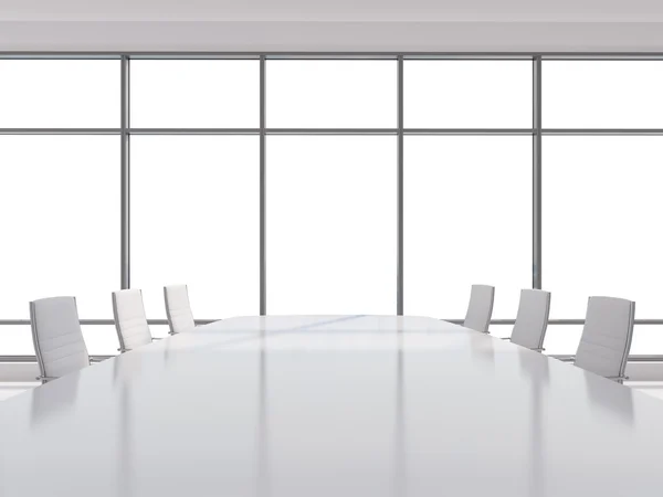 Panoramic conference room in modern office, copy space view from the windows. white leather chairs and a white table. 3D rendering. — Stock Photo, Image