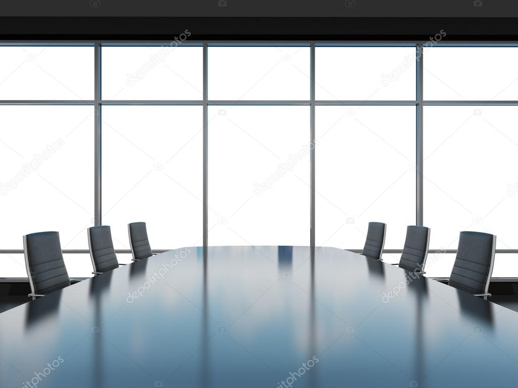 Panoramic conference room in modern office, copy space view from the windows. Black leather chairs and a black table. 3D rendering.
