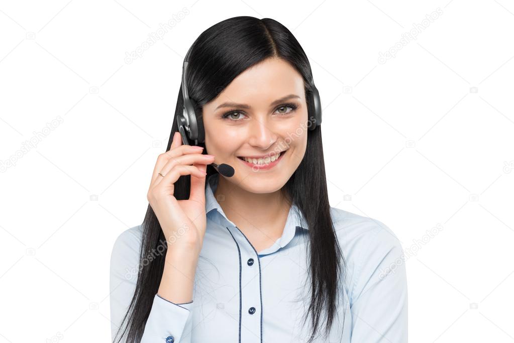 Portrait of smiling cheerful support phone operator in headset. Isolated.