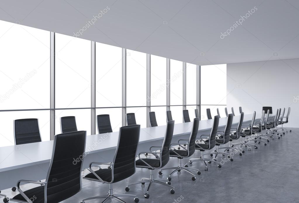 Panoramic conference room in modern office, copy space view from the windows. Black leather chairs and a white table. 3D rendering.