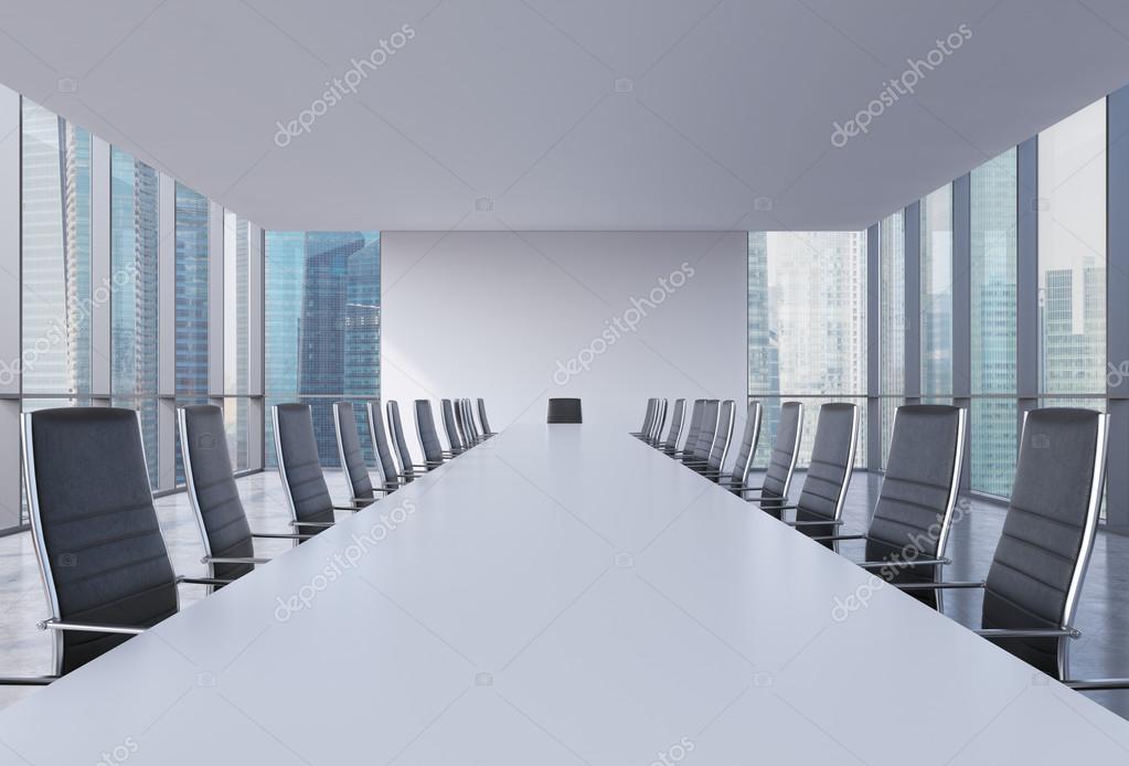 Panoramic conference room in modern office singapore view black leather chairs and a white table 3d rendering photo by denisismagilov Panoramic conference room in modern office singapore view black leather chairs and a white table 3d rendering photo by denisismagilov