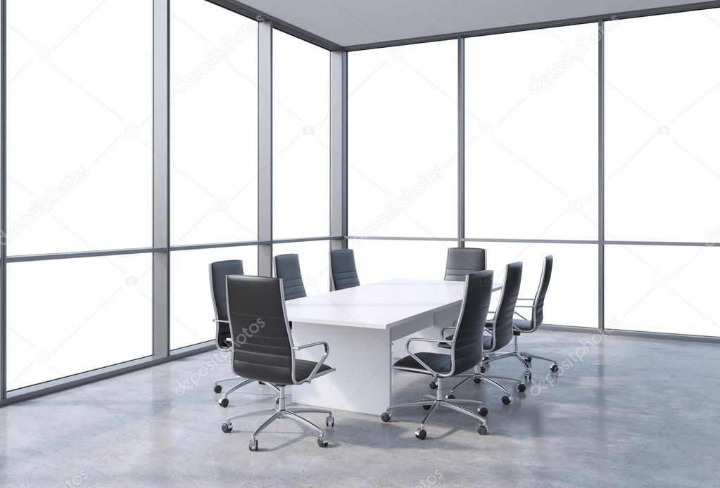 Panoramic conference room in modern office, copy space view from the windows. Black chairs and a white table. 3D rendering.