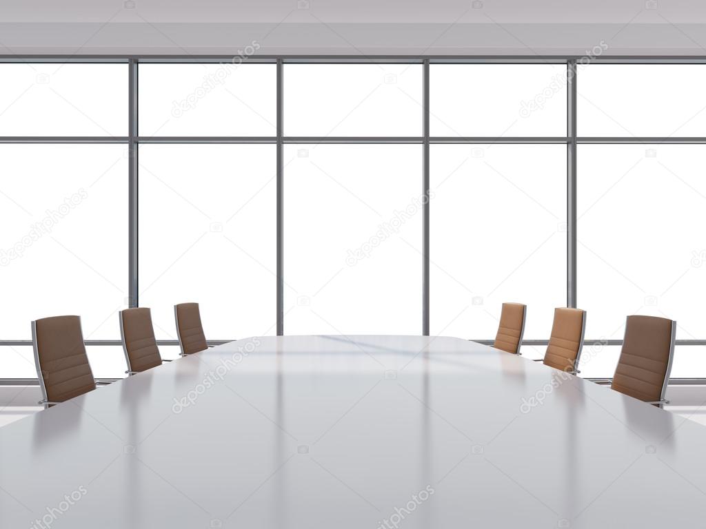 Panoramic conference room in modern office, copy space view from the windows. Brown leather chairs and a table. 3D rendering.
