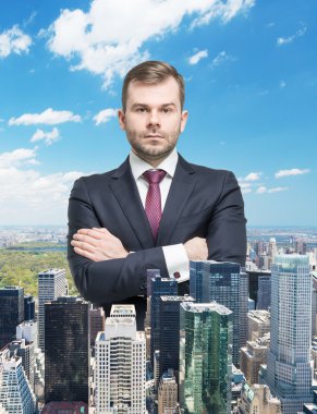 Close up of the transparent businessman and New York panoramic view. clipart