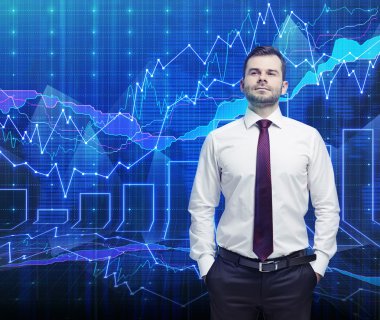 Tüccar ve forex grafik. Bir kavram müreffeh portföy yönetimi sürecinin.