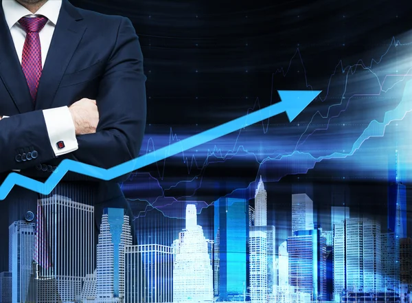 Close up of the businessman with crossed hands. Growing arrow as a concept of the success. Hologram cityscape on the front view and forex chart on background. — Stock Photo, Image