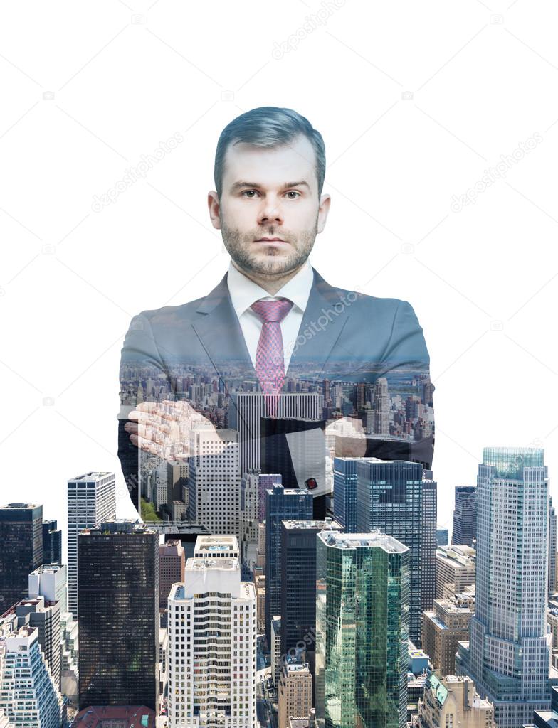 Close up of the transparent businessman and New York panoramic view. White background.