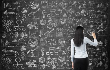 Rear view of the business lady who is drawing business icons on the chalkboard as a wall.