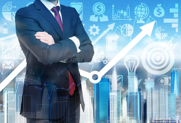 Close up of the businessman with crossed hands. Growing arrow as a concept of the success. Hologram cityscape on the back view and business icons on background. — Stock Photo, Image