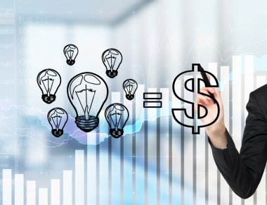A concept of consulting services. A business woman's hand is drawing a formula where ideas are equal to money. Financial graph on the background.