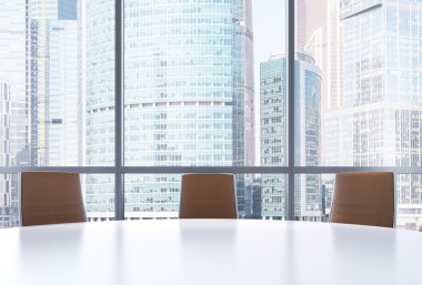 Panoramic conference room in modern office, Moscow International Business Center view. Close-up of the brown chairs and a white round table. 3D rendering.