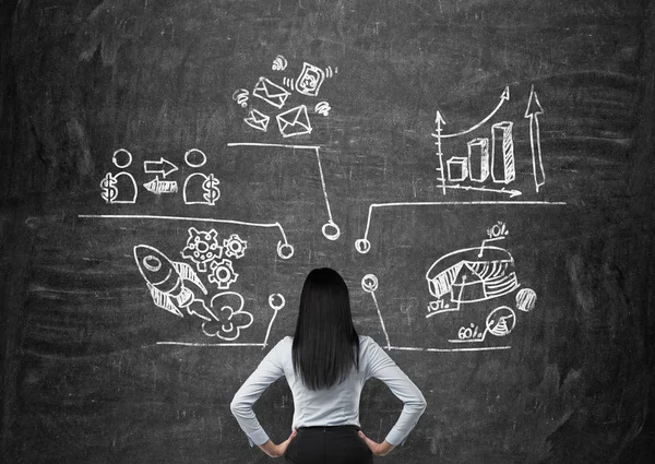 Rear view of a business woman who is looking at the charts, pie chart, business icons which are drawn on the black chalkboard. A concept of about business development strategy. — Stockfoto