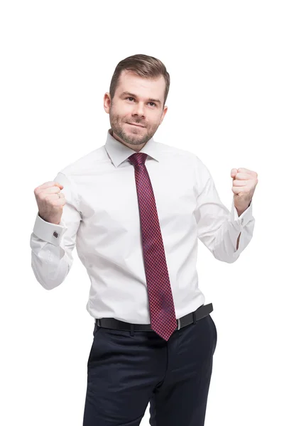 Primo piano ritratto di felice studente di successo, uomo d'affari vincente, pugni pompato celebrando il successo. Isolato . — Foto Stock