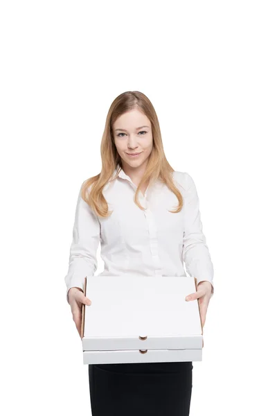 Biznes kobieta posiada kilka pudełek pizzy. Na białym tle. — Zdjęcie stockowe