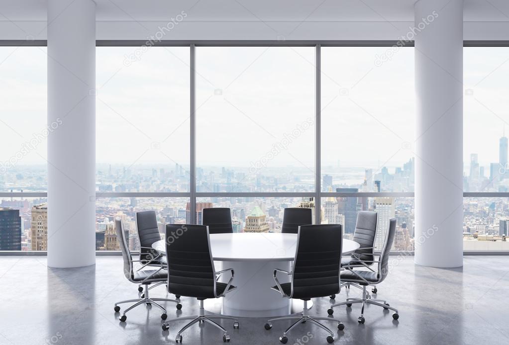 Panoramic conference room in modern office, New York city view. Black chairs and a white round table. 3D rendering.
