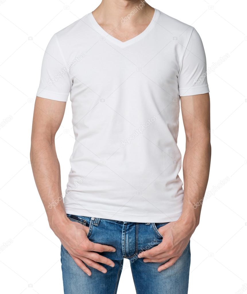 Young man in a white V shape t-shirt, hands in pockets. Isolated. Stock  Photo by ©denisismagilov 79584128