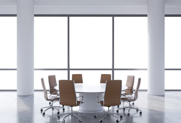 Panoramic conference room in modern office, copy space view from the windows. Brown chairs and a white round table. 3D rendering. — Stok fotoğraf