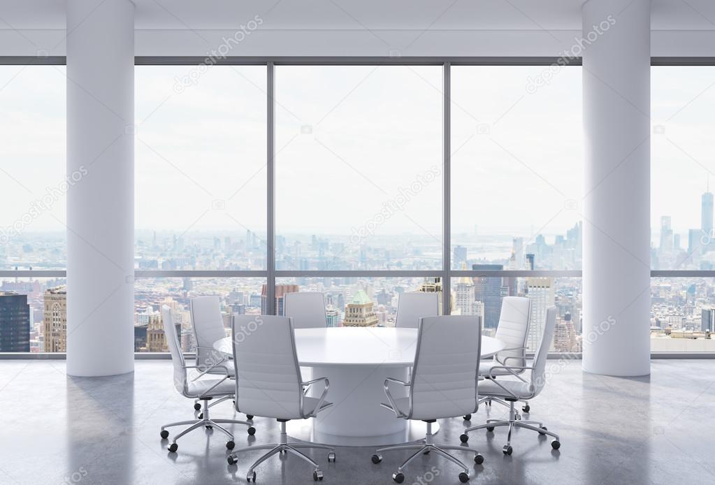 Panoramic conference room in modern office, New York city view. White chairs and a white round table. 3D rendering.