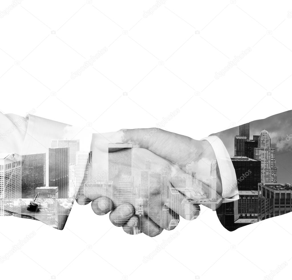 A stylish white black handshake with New York cityscape. Isolated on white.