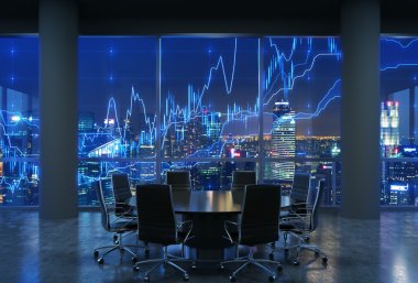 Panoramic conference room in modern office, cityscape of New York skyscrapers at night, Manhattan. Financial chart is over the cityscape. Black chairs and a black round table. 3D rendering.