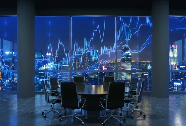 Sala conferenze panoramica in ufficio moderno, panorama urbano dei grattacieli di New York di notte, Manhattan. Il grafico finanziario è sopra il paesaggio urbano. Sedie nere e un tavolo rotondo nero. Rendering 3D . — Foto Stock