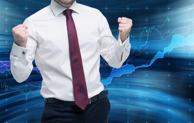 Successful trader gets a massive payoff. Portfolio management concept. Forex chart on the background.