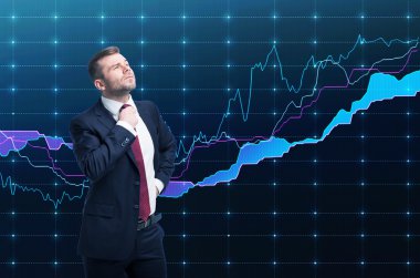 Closeup of successful portfolio manager in formal suit. A concept of decision making process in finance. Forex chart is on the background.