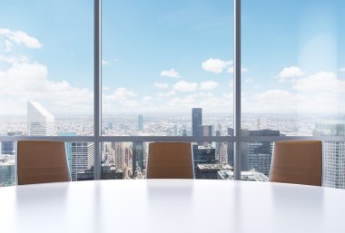 Panoramic conference room in modern office, New York city view from the windows. Close-up of the brown chairs and a white round table. 3D rendering.