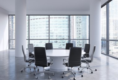 Panoramic conference room in modern office in Moscow business centre, so-called Moscow-City. White chairs and a white round table. 3D rendering.